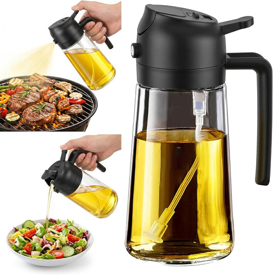 Skiennix 16oz Oil Sprayer - 2 in 1 Food Grade Glass Dispenser for Cooking & BBQ | Black