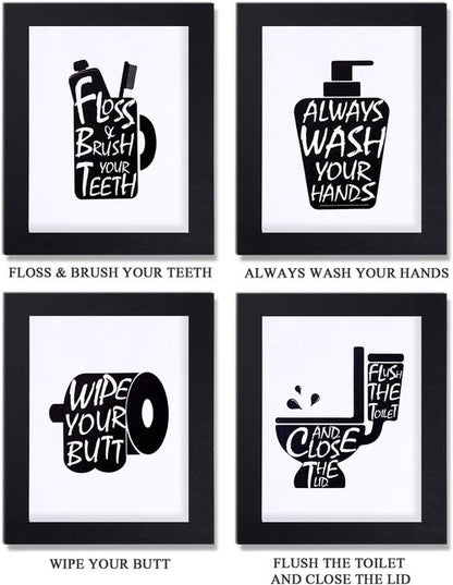 Joysnana Wall Art Prints - Funny Black and White Bathroom Decor | Set of 4 with Paper Frames (8x10 Inch)