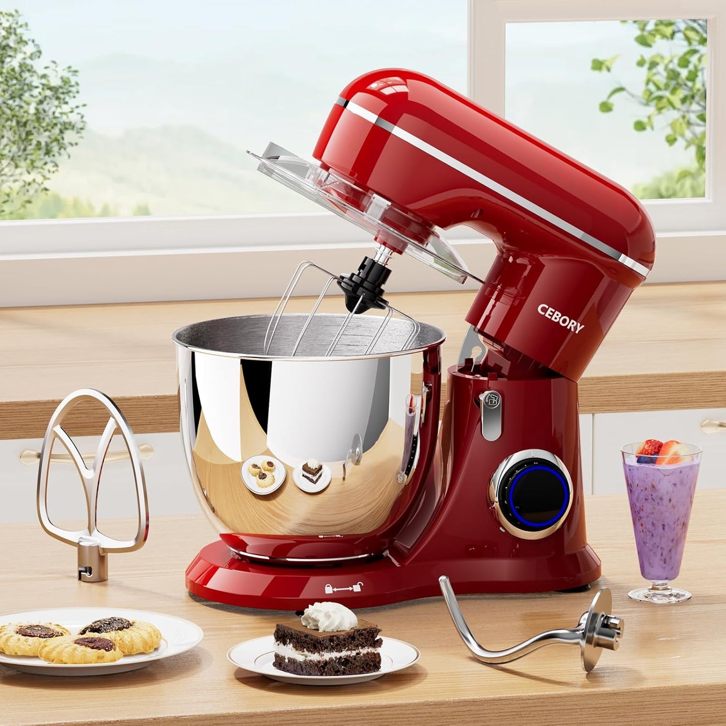 Skiennix 3-IN-1 Electric Stand Mixer - 6.5QT Bowl, 660W, 10-Speed, Includes Dough Hook, Beater & Whisk - Red