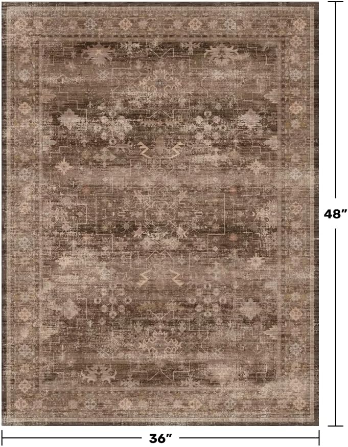 Skiennix Brown Boho Washable Entry Rug - Non-Slip Rubber Backing | 3x4 Indoor Mat in Earthy Taupe Floral Design