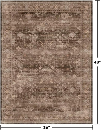 Skiennix Brown Boho Washable Entry Rug - Non-Slip Rubber Backing | 3x4 Indoor Mat in Earthy Taupe Floral Design