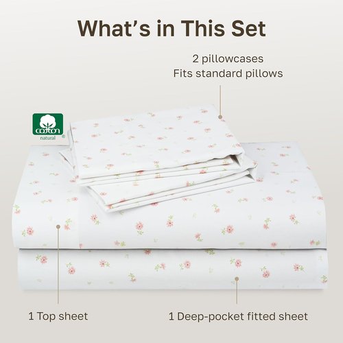 California Design Den Queen Size Bed Sheets Set - 100% Cotton, 400 Thread Count, Smooth Sateen Finish, Deep Pockets, Floral Design