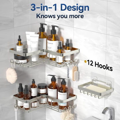 YASONIC Corner Shower Caddy - 3-Pack Adhesive Organizer with Soap Holder & 12 Hooks | Rustproof Stainless Steel, Nickel Finish