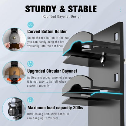 Hat Organizer by [Brand Name] - Wall-Mounted Rack for Up to 40 Baseball Caps | Strong Adhesive & Versatile Storage Options (Black)