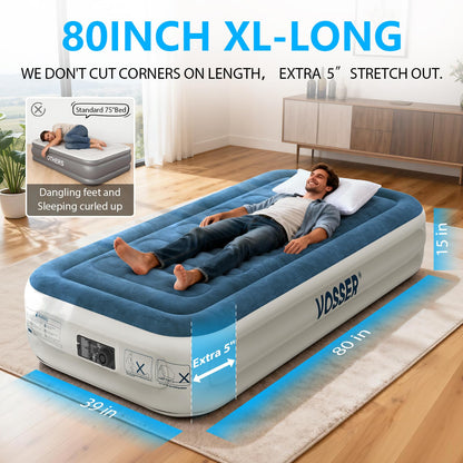 VOSSER Twin Air Mattress with Built-in Pump,Fast & Easy Inflation/Deflation Inflatable Mattress, Foldable Blow Up Mattress with Storage Bag, Inflatable Bed for Home, Camping & Guests