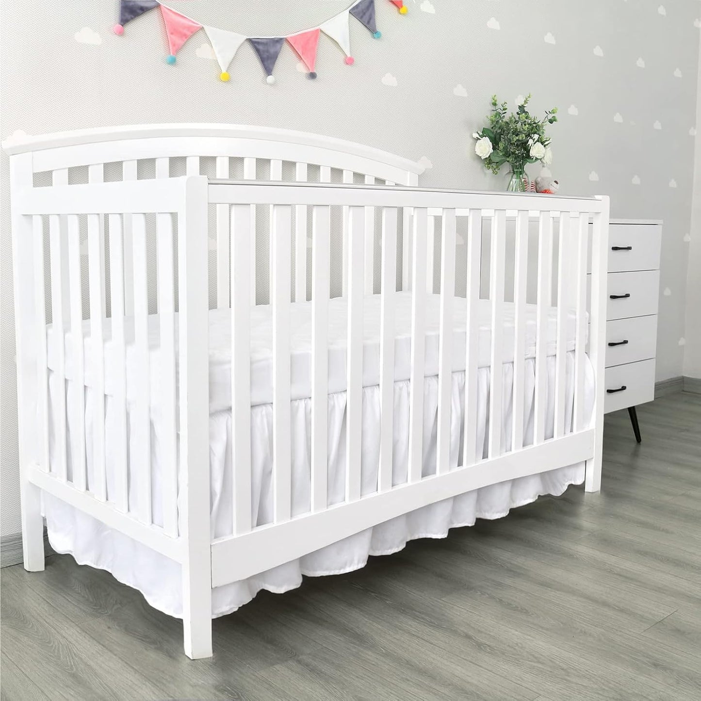 Skiennix Crib Bed Skirt - 28” x 52” Pleated Dust Ruffle with 14” Drop | Soft Solid White Design