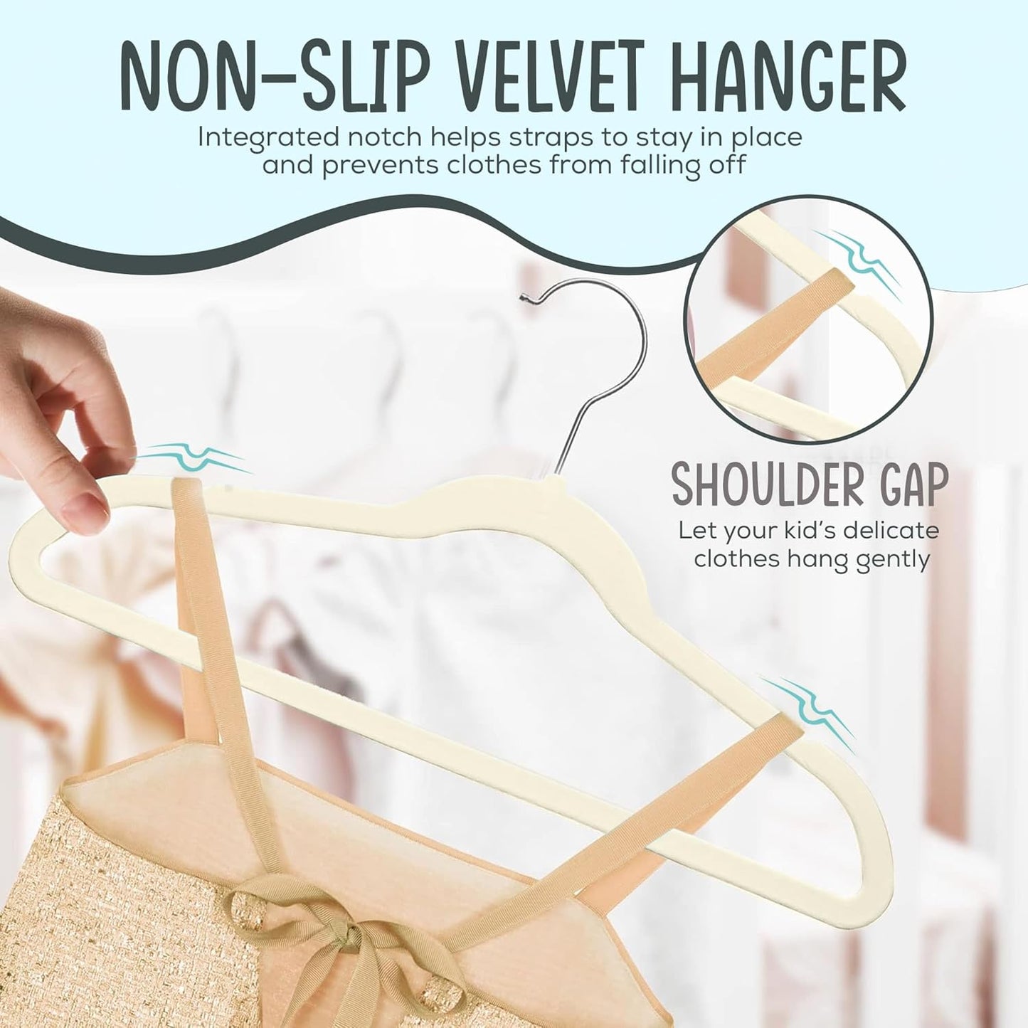 TechZoo 50 Premium Kids Velvet Hangers - Ultra Slim Non-Slip Clothes Hangers in Ivory - 14" Durable Design with 360° Swivel Hook