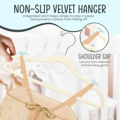 TechZoo 50 Premium Kids Velvet Hangers - Ultra Slim Non-Slip Clothes Hangers in Ivory - 14" Durable Design with 360° Swivel Hook