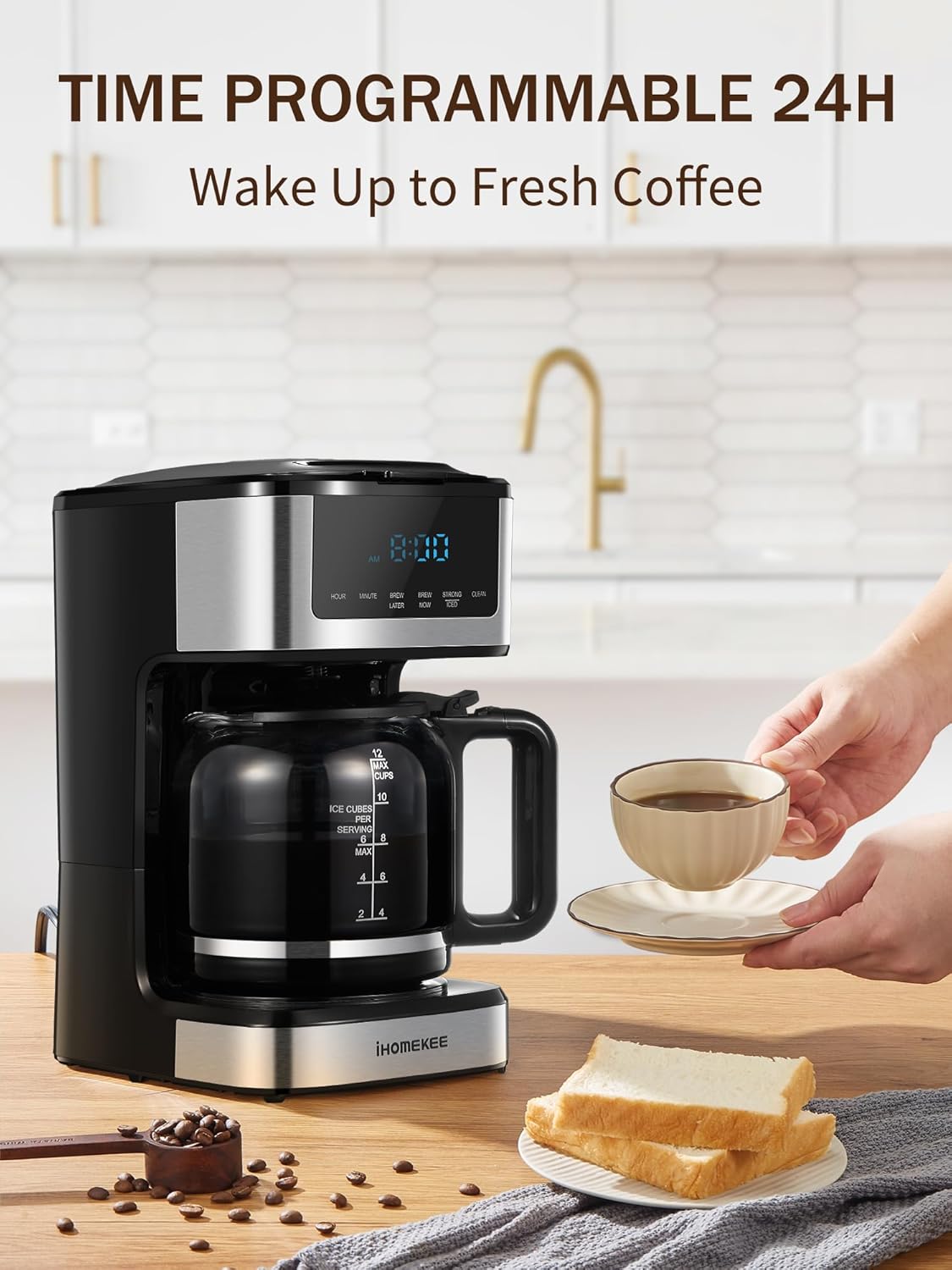 Skiennix Programmable Drip Coffee Maker - 12 Cup Capacity with Iced Coffee Function | Black & Stainless Steel