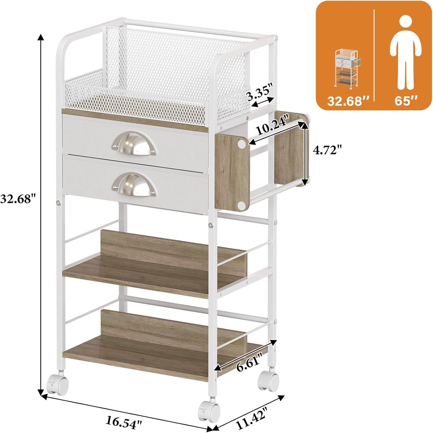 Rolling Craft Storage Cart - Multi-Tier Organizer with 2 Fabric Drawers & Lockable Wheels | 16.54x11.4x32.68 Inches