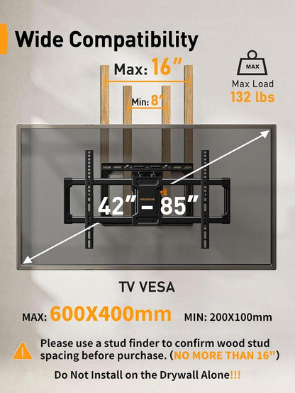 Perlegear Full Motion TV Wall Mount - Fits 42-85 Inch TVs Up to 132 lbs | Soundbar Mount for Sonos Arc