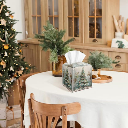 Christmas Tree Tissue Box Cover with Bottom Belt - Winter PU Leather, 5.2 x 5.2 x 5.2 Inches, Securable, White