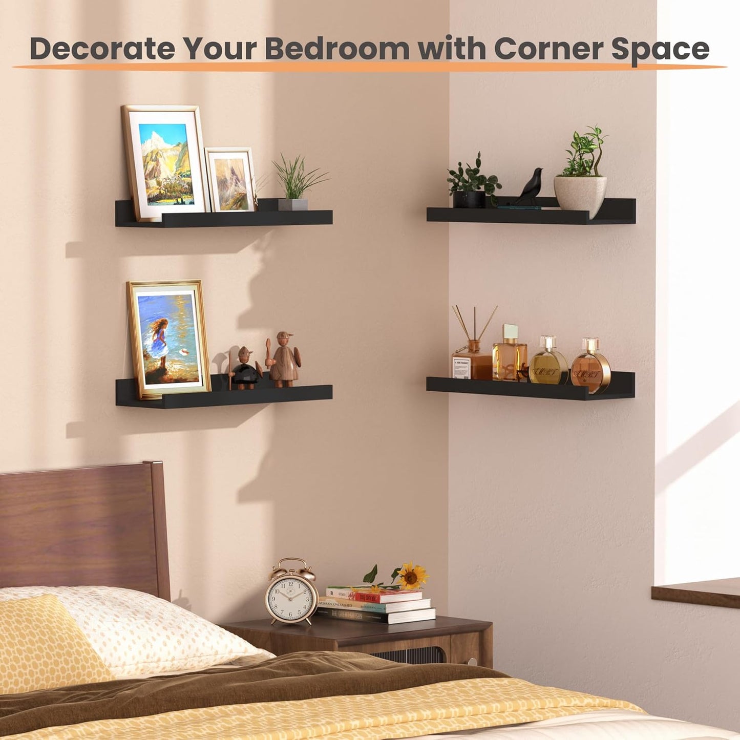 Upsimples Floating Wall Shelves - Set of 6 Stylish Wood Shelves for Home Decor | Black