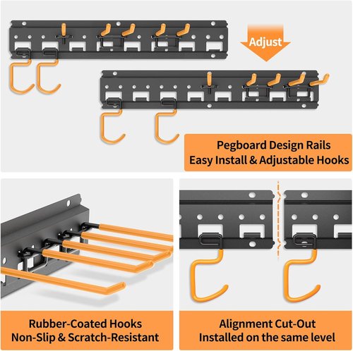 Garden Tool Organizer Wall Mount | Adjustable Pegboard Hooks for Garage Storage - Holds Up to 550lbs, Black