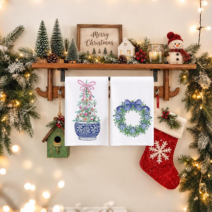 Chinoiserie Christmas Kitchen Towels, 16x24 in, Set of 2 with Blue Bow – Holiday Hand Towels