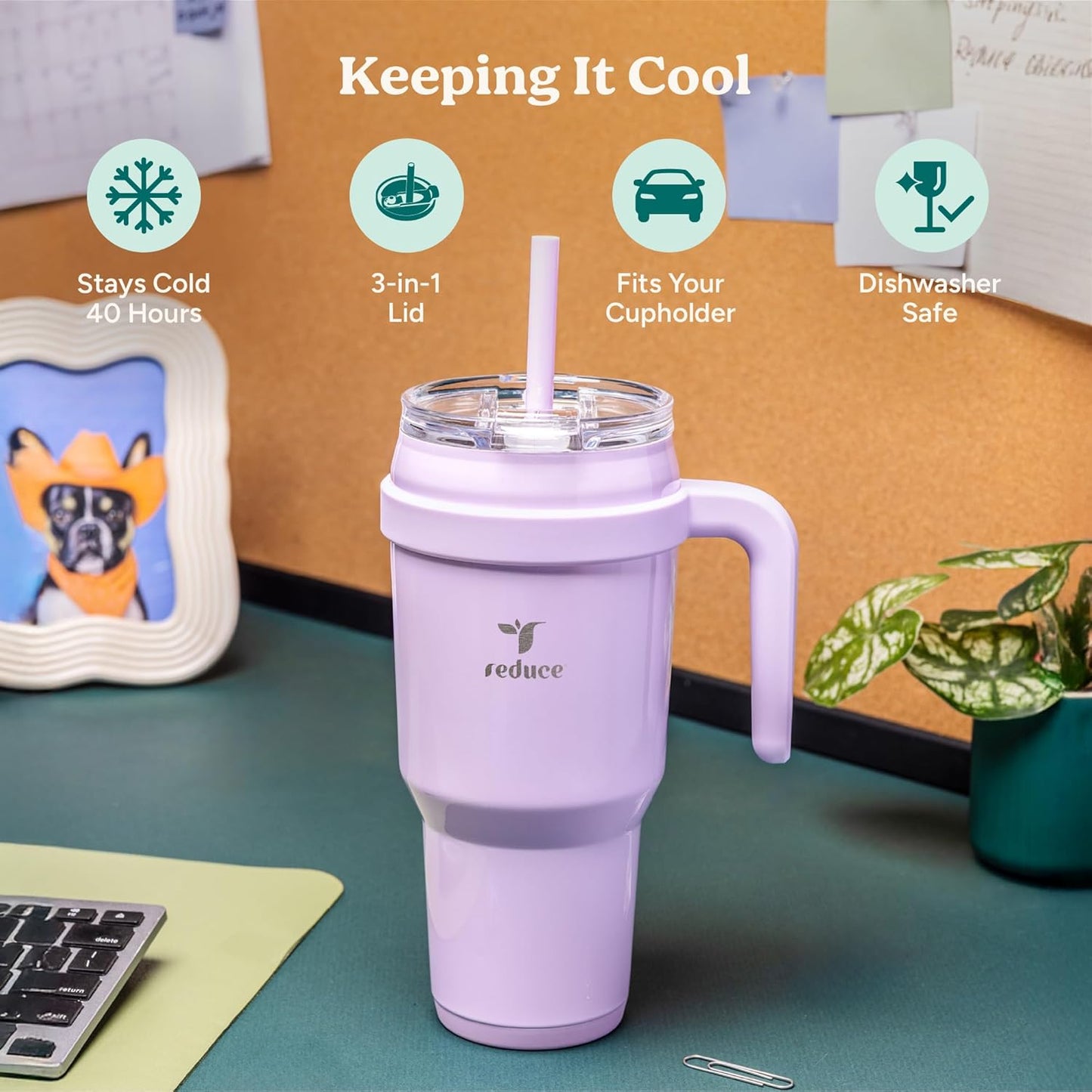 REDUCE 40 oz Stainless Steel Tumbler - Insulated Travel Mug with Handle, Sweat-Proof Lid & Reusable Straw - Keeps Drinks Cold for 24 Hrs, Fits Cupholders, Dishwasher Safe - Lilac Bud