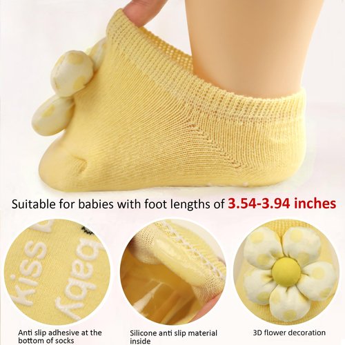 KEAINVRN 4Packs Baby Girls Socks,Flower Non-Slip Grips for Babies Toddler Princess Low Cut Ankle Socks for Girls (US, Age, 0 Months, 6 Months, purple yellow pink light bule)