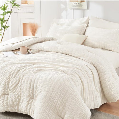 HYMOKEGE Ivory Queen Comforter Set Seersucker 7 Pieces, All Season Luxury Bed in a Bag for Bedroom, Bedding Set with Comforters, Sheets, Pillowcases & Shams