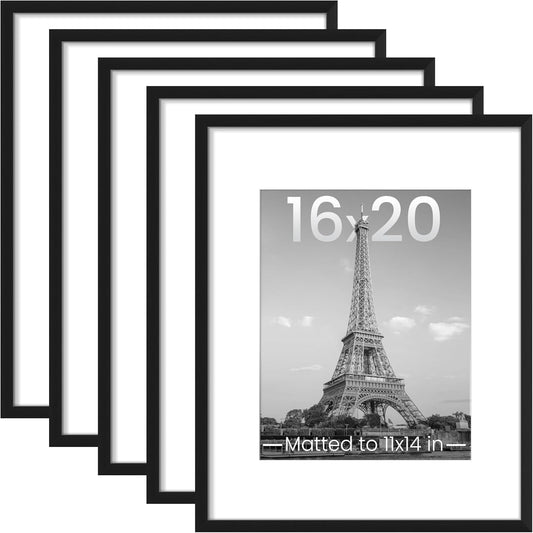 Upsimples 16x20 Picture Frame Set of 5 - Versatile Display for 11x14 with Mat or 16x20 Without - Black