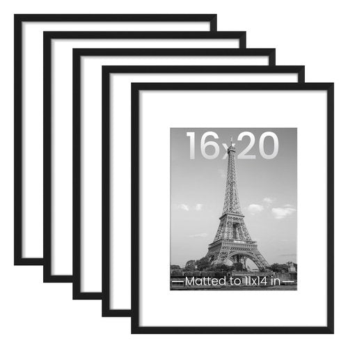 upsimples 16x20 Picture Frame Set of 5, Display Pictures 11x14 with Mat or 16 x 20 Without, Wall Gallery Poster Frames, Black