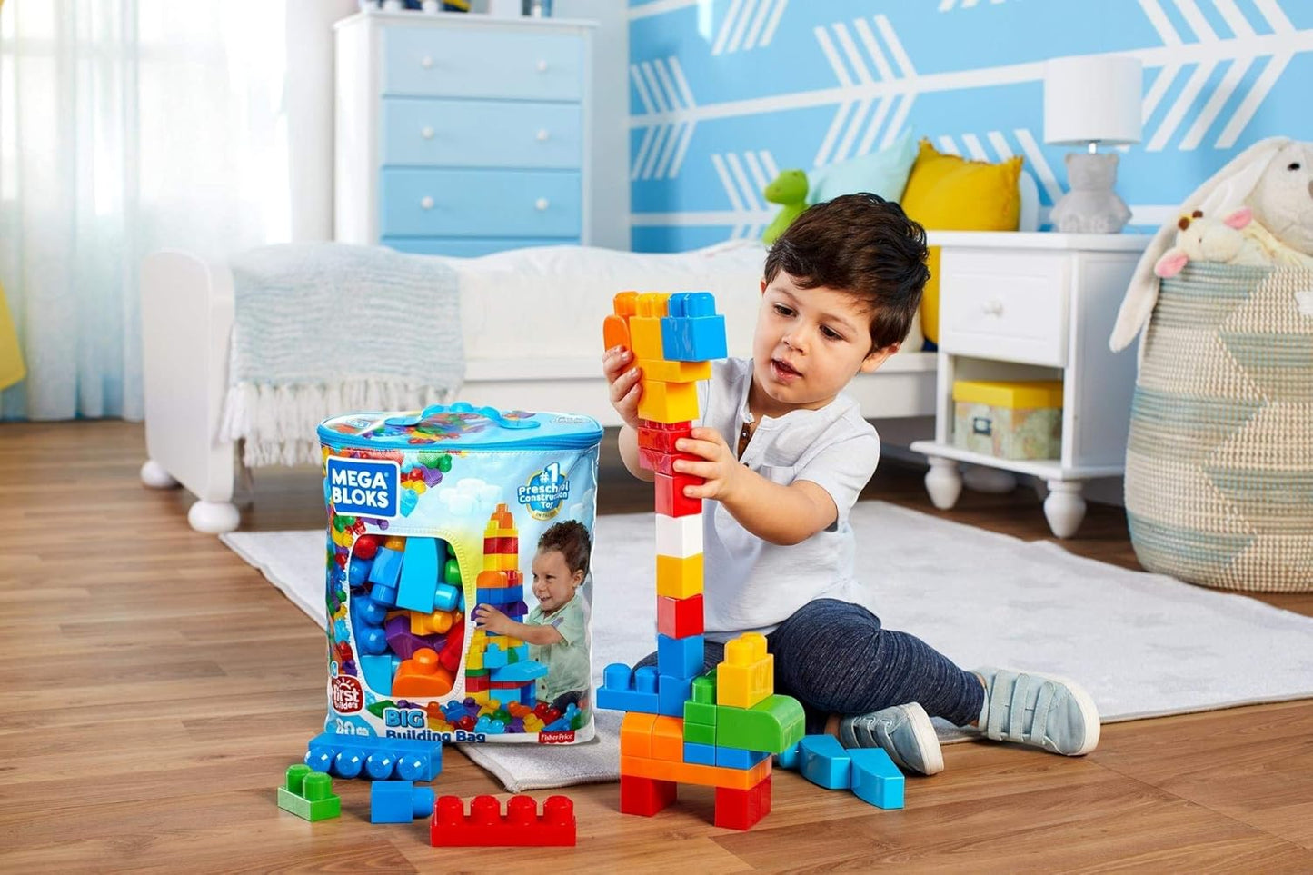 MEGA BLOKS First Builders Toddler Blocks Set - 80-Piece Big Building Bag with Storage, Blue | Ages 1+