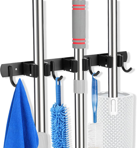 Voze Mop and Broom Holder - 3 Racks & 4 Hooks, Heavy Duty Wall Mount Organizer for Home & Garage