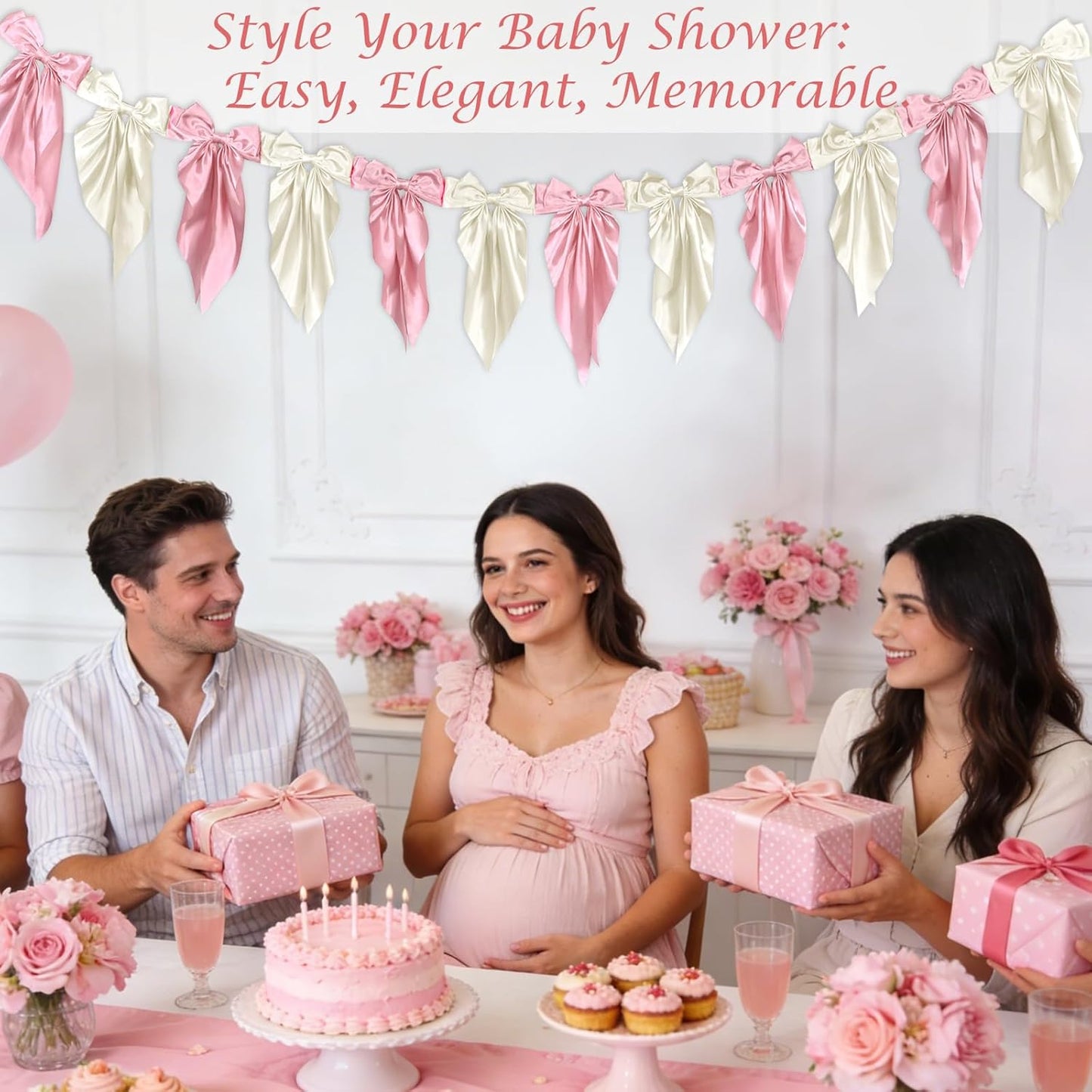 Skiennix White Pink Bow Garland Banner - Elegant Satin Ribbon Decor for Bridal Showers & Parties | 6ft