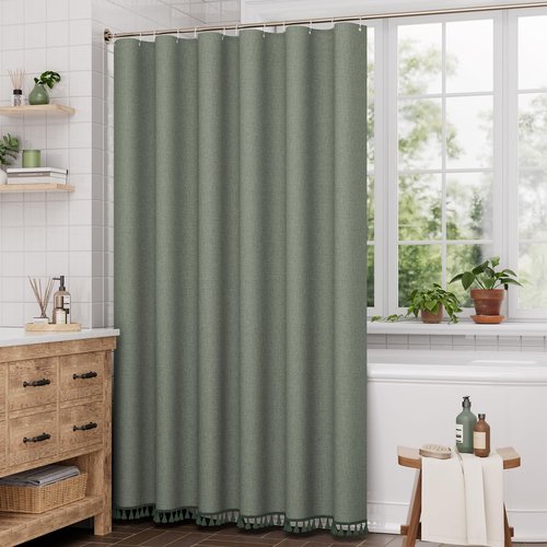 AmazerBath Boho Shower Curtains for Bathroom, Farmhouse Shower Curtain with Tassels, Sage Green Shower Curtain Set, Faux Linen Fabric Shower Curtain with 12 Hooks, Hotel Quality, 72x72 Inches