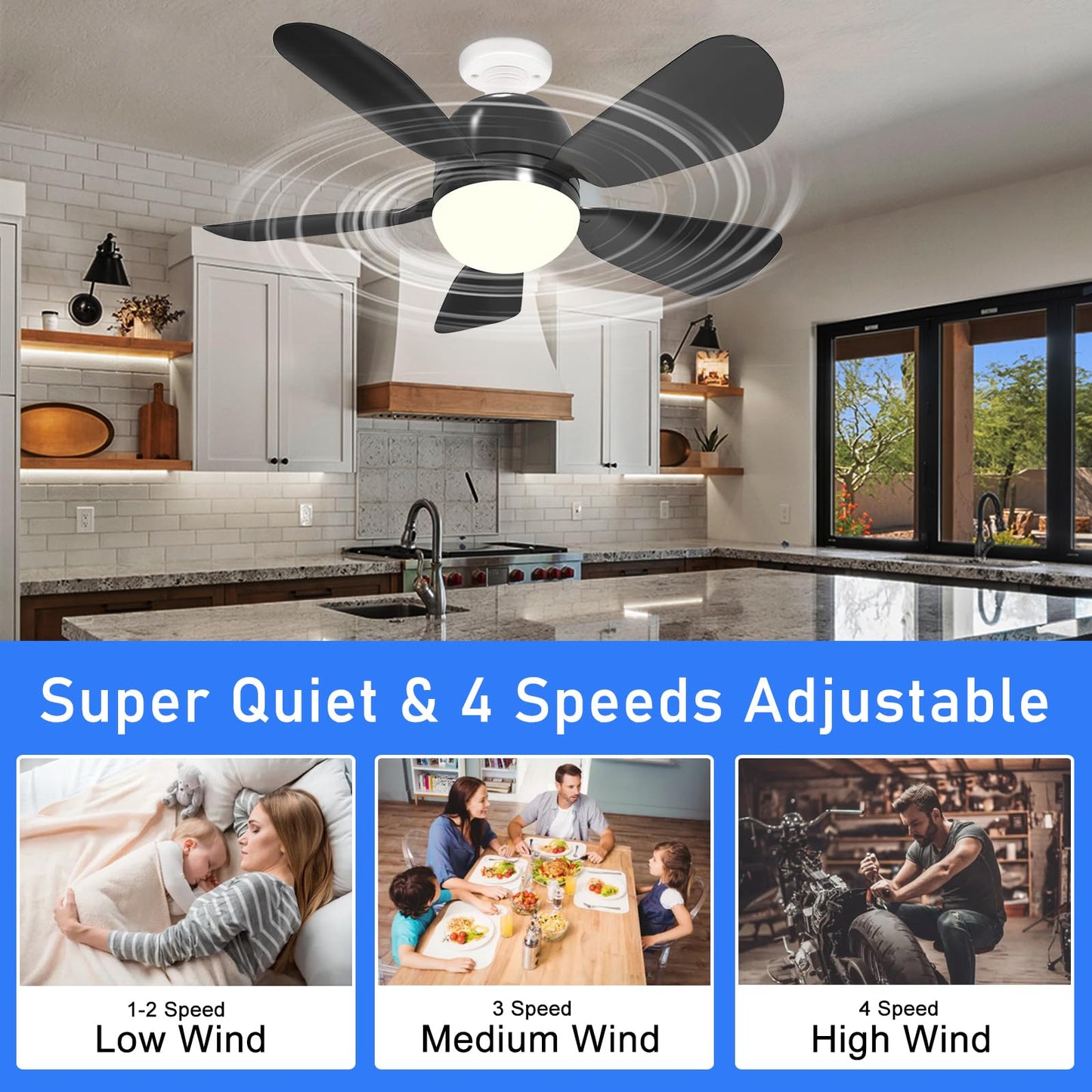 Socket Fans with Remote, E26 Screw in Ceiling Fans with Dimmable Lights, Adjustable Powerful Airflow Quiet Ceiling Fan Light Kit Bulb for Bedroom, Living Room, Kitchen, Garage (Black 2Pack)