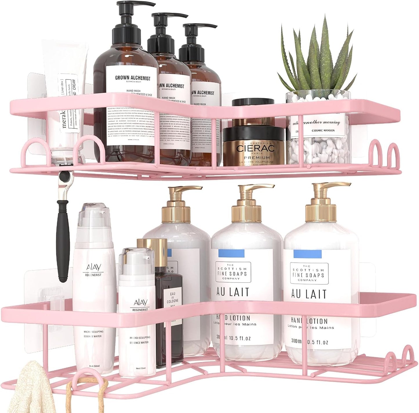 Sakugi Corner Shower Caddy - Rustproof Stainless Steel Organizers with 8 Hooks | No Drilling, Large, Pink - 2 Pack