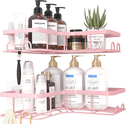Sakugi Corner Shower Caddy - Rustproof Stainless Steel Organizers with 8 Hooks | No Drilling, Large, Pink - 2 Pack