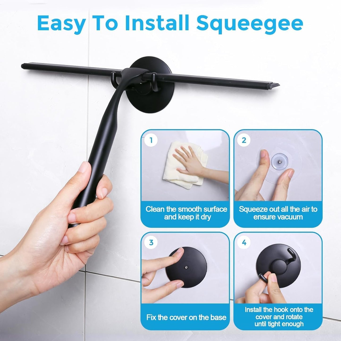 Quntis 12-Inch Shower Squeegee - Heavy-Duty Black Glass Cleaner with Non-Slip Handle & Hooks