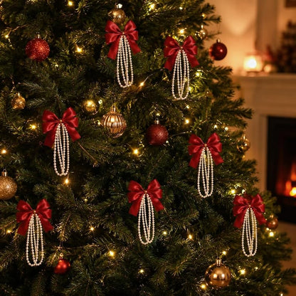 Pearl-Trimmed Red Satin Christmas Ornament Bow Set, 12 Pieces