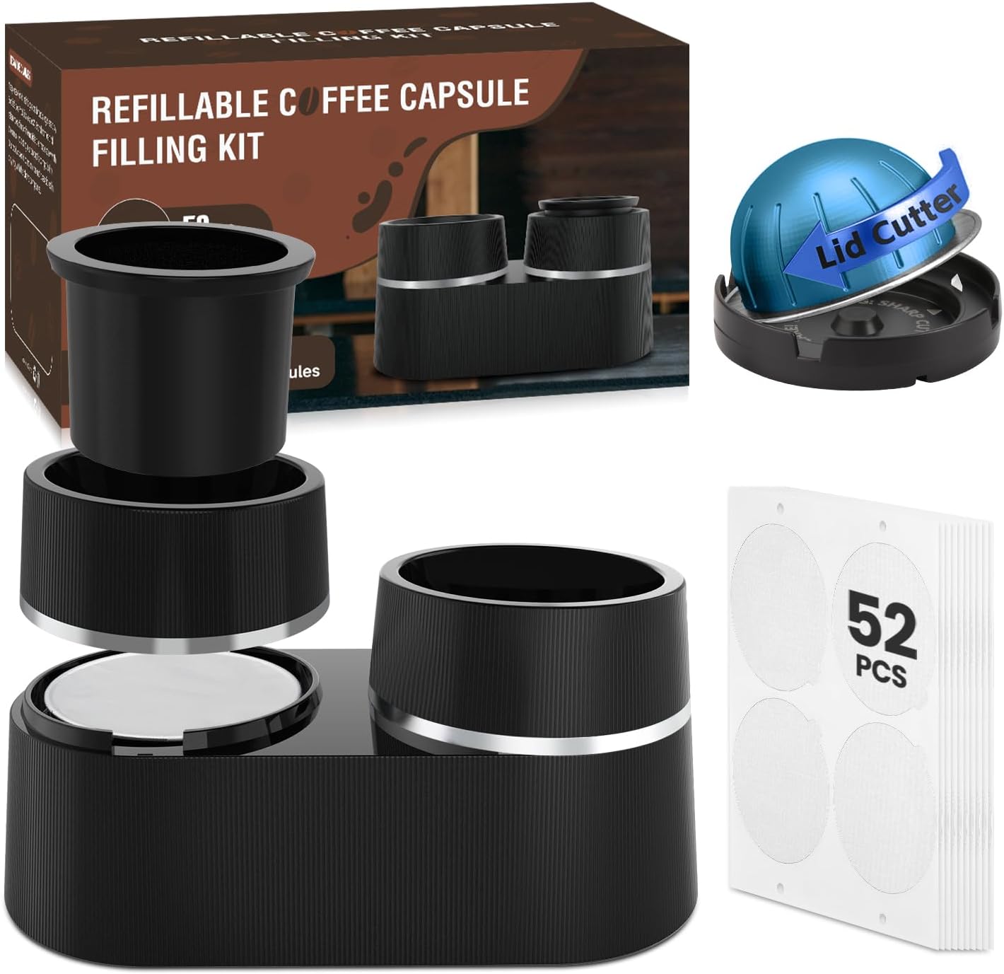 Nespresso Reusable Double Pods Kit - Refillable Coffee Pods with 52 Foil Seals for Espresso Machines