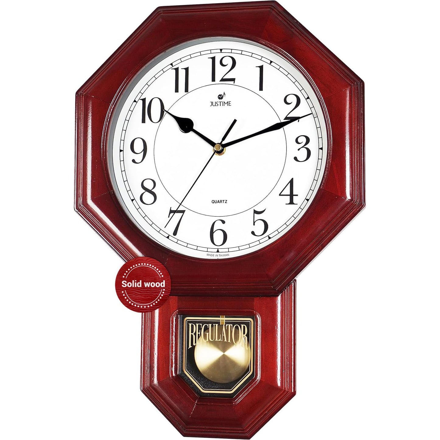 JUSTIME Traditional Schoolhouse Solid Wood Pendulum Wall Clock Chimes Hourly with Westminster Melody Chime Made in Taiwan (Red Wood w/Westminster Chime)