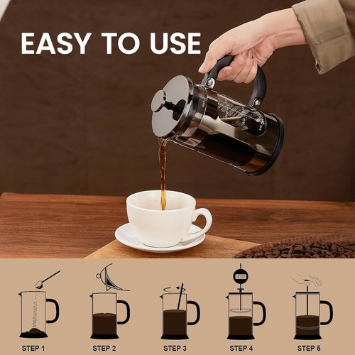 BAYKA French Press Coffee Maker - 21 Ounce Heat Resistant Borosilicate Glass | Dark Pewter Single Serve Brewer