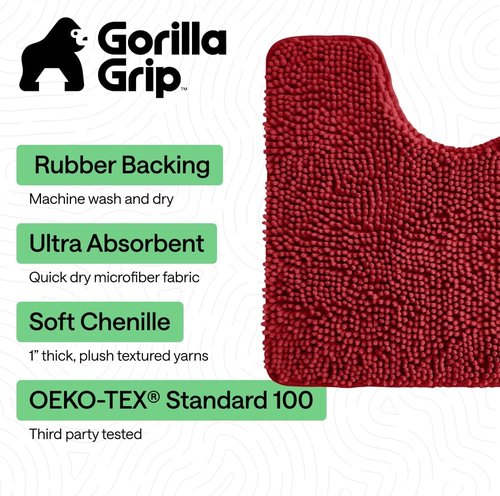 GORILLA GRIP Plush Shaggy Chenille Bath Rug Mat - Soft Microfiber, Oval Toilet Base, Machine Washable, Red