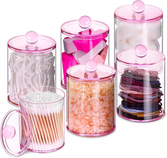 XIPENGKEJI Qtip Holder Set - 6 Pack Apothecary Jars with Lids for Cotton Swabs & Pads | Pink 10oz-12oz