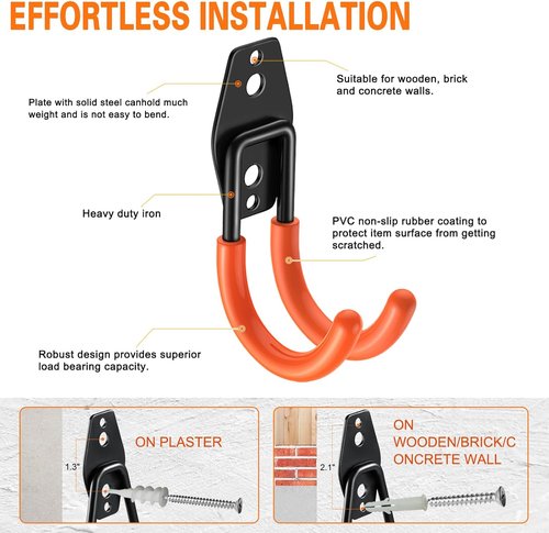 HUPBIPY Heavy Duty Garage Hooks - J Shaped Wall Mounted Tool Organizer | 6 Pack for Ladders, Bikes, and More
