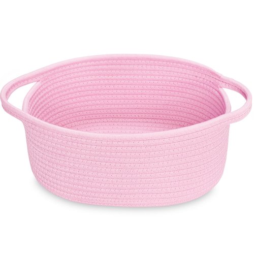 ABenkle Small Basket, 12"x 8" x 5" Cute Small Woven Basket, Rope Room Shelf Storage Basket, Cat Dog Toys Basket Chest Box, Decorative Empty Gift Basket with Handles - All PInk