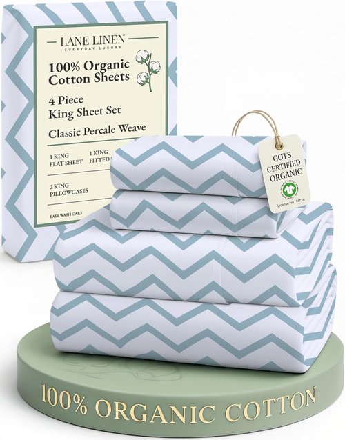 LANE LINEN 100% Organic Cotton King Sheets - Soft, Comfy Percale Bedding Set | Chevron Design