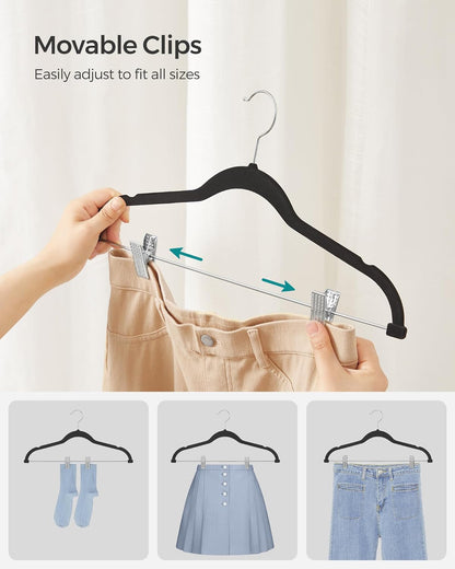 SONGMICS Velvet Pants Hangers - 30 Pack, 16.7 Inches, Adjustable Clips, Non-Slip, Space-Saving, Black