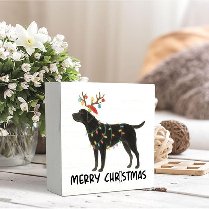 Black Labrador Merry Christmas Wooden Box Sign - 5x5 Inch Desk & Wall Decor (Variation: Black Labrador)