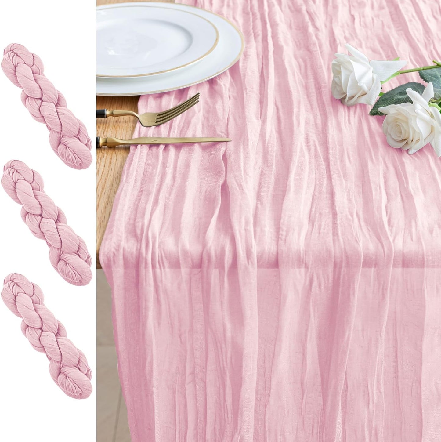 Skiennix 3PCS Table Runner Set - Blushing Pink Boho Gauze for Rustic Summer Weddings & Events