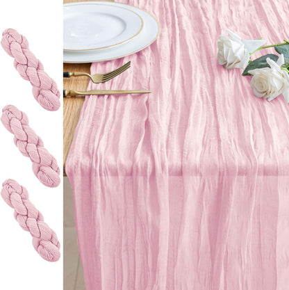 Skiennix 3PCS Table Runner Set - Blushing Pink Boho Gauze for Rustic Summer Weddings & Events