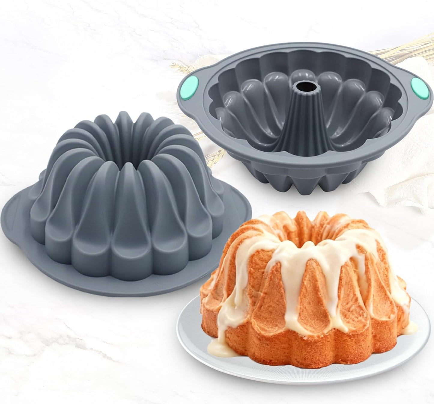 Tongjude Silicone Fluted Tube Cake Pans - 4 Pieces Non-Stick Baking Molds for Cakes, Jello & Bread | 10 Cups, Grey