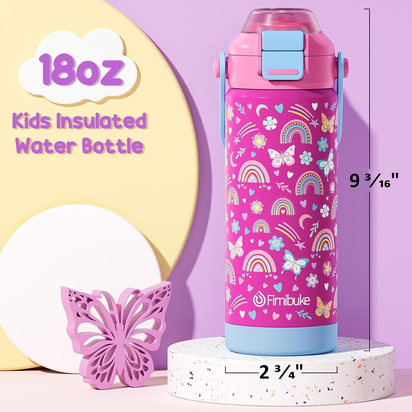 Skiennix Kids Insulated Water Bottle - 18oz Leak-Proof Stainless Steel Tumbler with 2-in-1 Lid | Rainbow & Mermaid Design