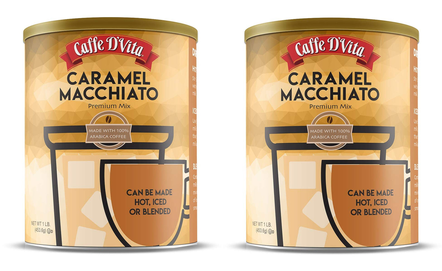 Caffe D’Vita Caramel Macchiato - Coffee Caramel Macchiato, Caramel Instant Coffee, Latte Mix, Gluten Free, No Cholesterol, No Hydrogenated Oils, Kosher-Dairy, Caramel Macchiato Coffee - 1 Lb Can, 2-Pack