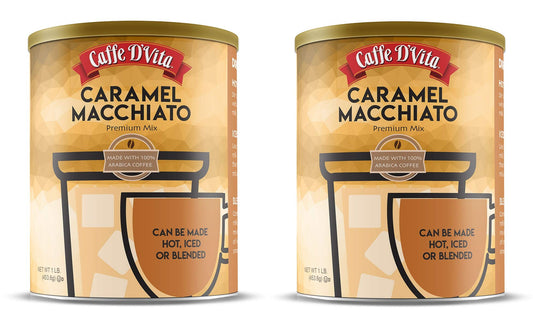 Caffe D’Vita Caramel Macchiato - Coffee Caramel Macchiato, Caramel Instant Coffee, Latte Mix, Gluten Free, No Cholesterol, No Hydrogenated Oils, Kosher-Dairy, Caramel Macchiato Coffee - 1 Lb Can, 2-Pack