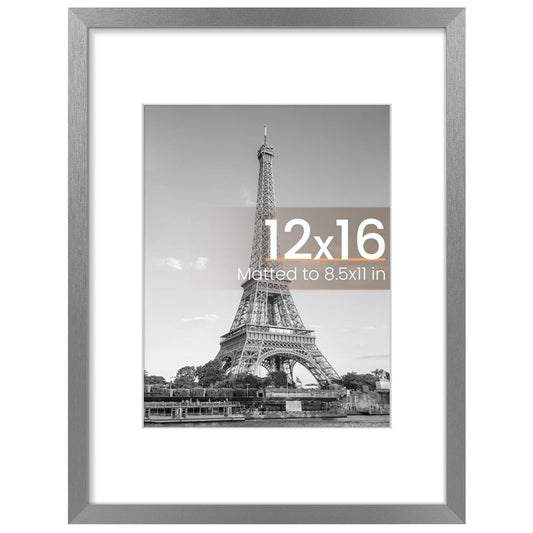 upsimples 12x16 Picture Frame, Display Pictures 8.5x11 with Mat or 12x16 Without Mat, Wall Hanging Photo Frame, Metallic Gray, 1 Pack